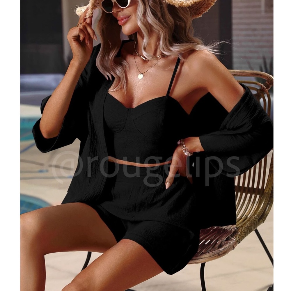 Shorts Set: Cami Crop Top, Button Up Shirt & Shorts in Black - Picture 1 of 7